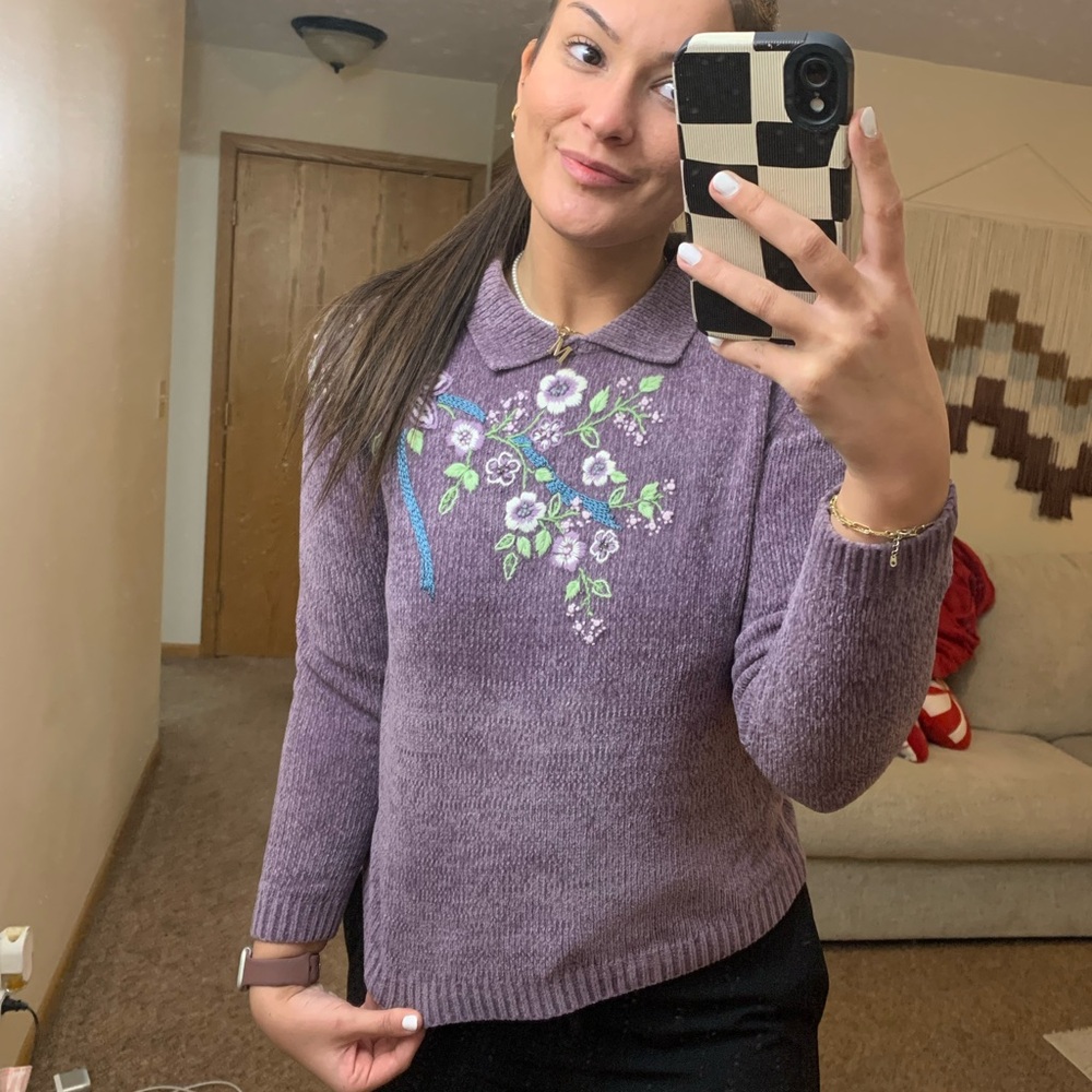 Alfred Dunner Lavender Floral Embroidered Sweater